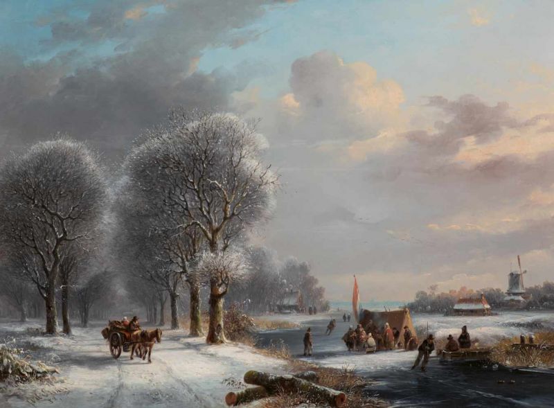 Jacobus van der Stok (Leiden 1794 - Amsterdam 1864)Winter landscape with figures and Koek-and-