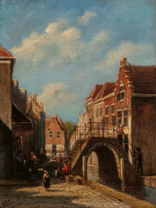 Petrus Gerardus Vertin (The Hague 1819 - 1893)A canal in a town with townsfolk on a bridgeSigned