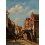 Petrus Gerardus Vertin (The Hague 1819 - 1893)A canal in a town with townsfolk on a bridgeSigned