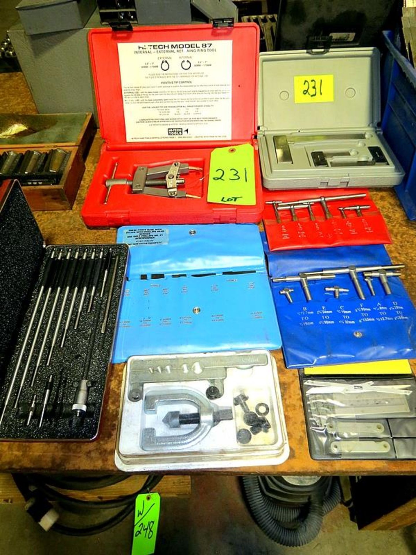 LOT OF ASSORTED TOOLS, PRECISION SQUARE SET, RETAINING RING TOOL, THREAD MEASURING GAP GUAGE,