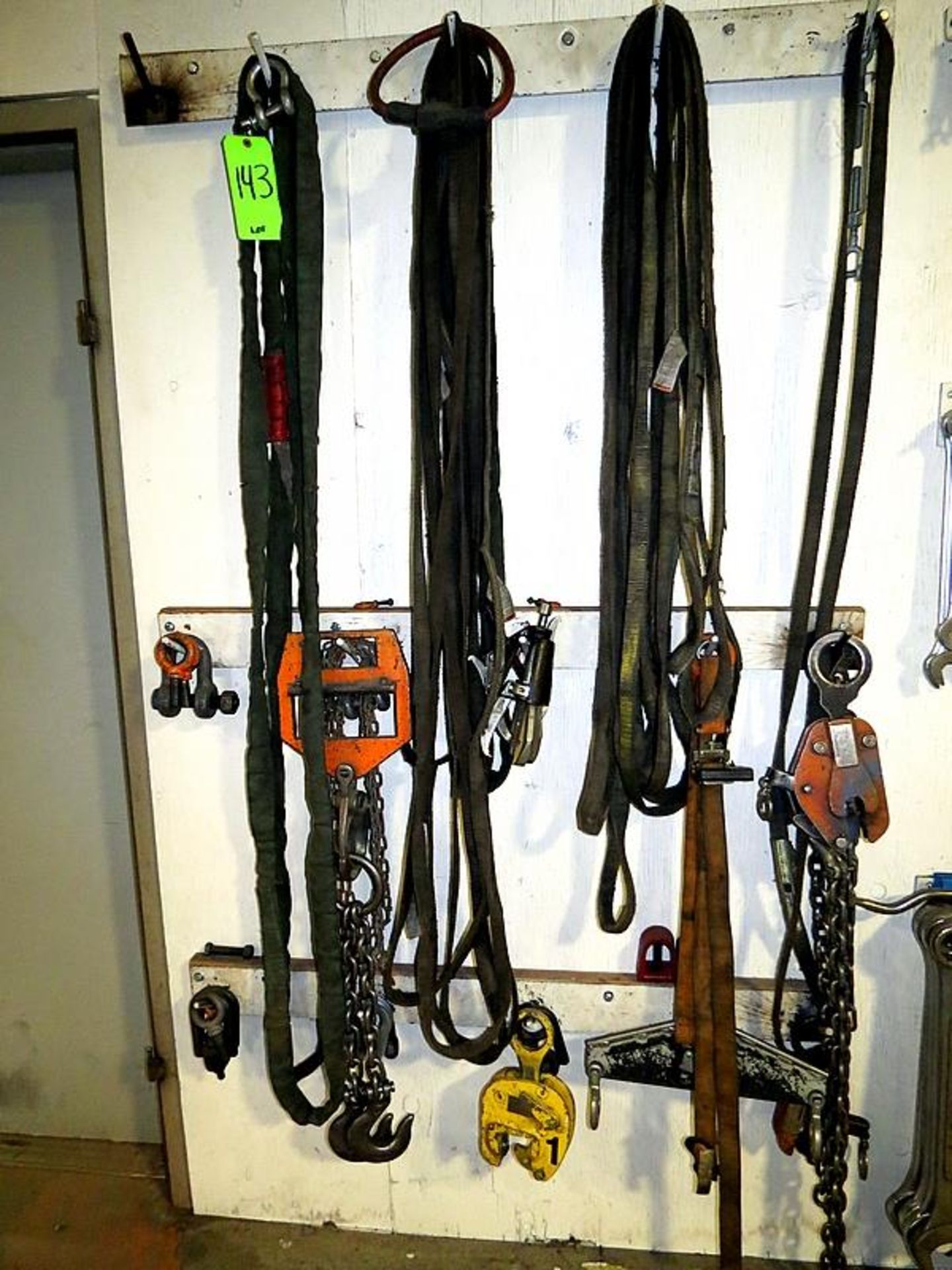 LOT ASSORTED AND MISC HOIST STRAPS, PULLER, BLOCK HOIST, CHAINS, EYE BOLTS, YOKE BUCKLES