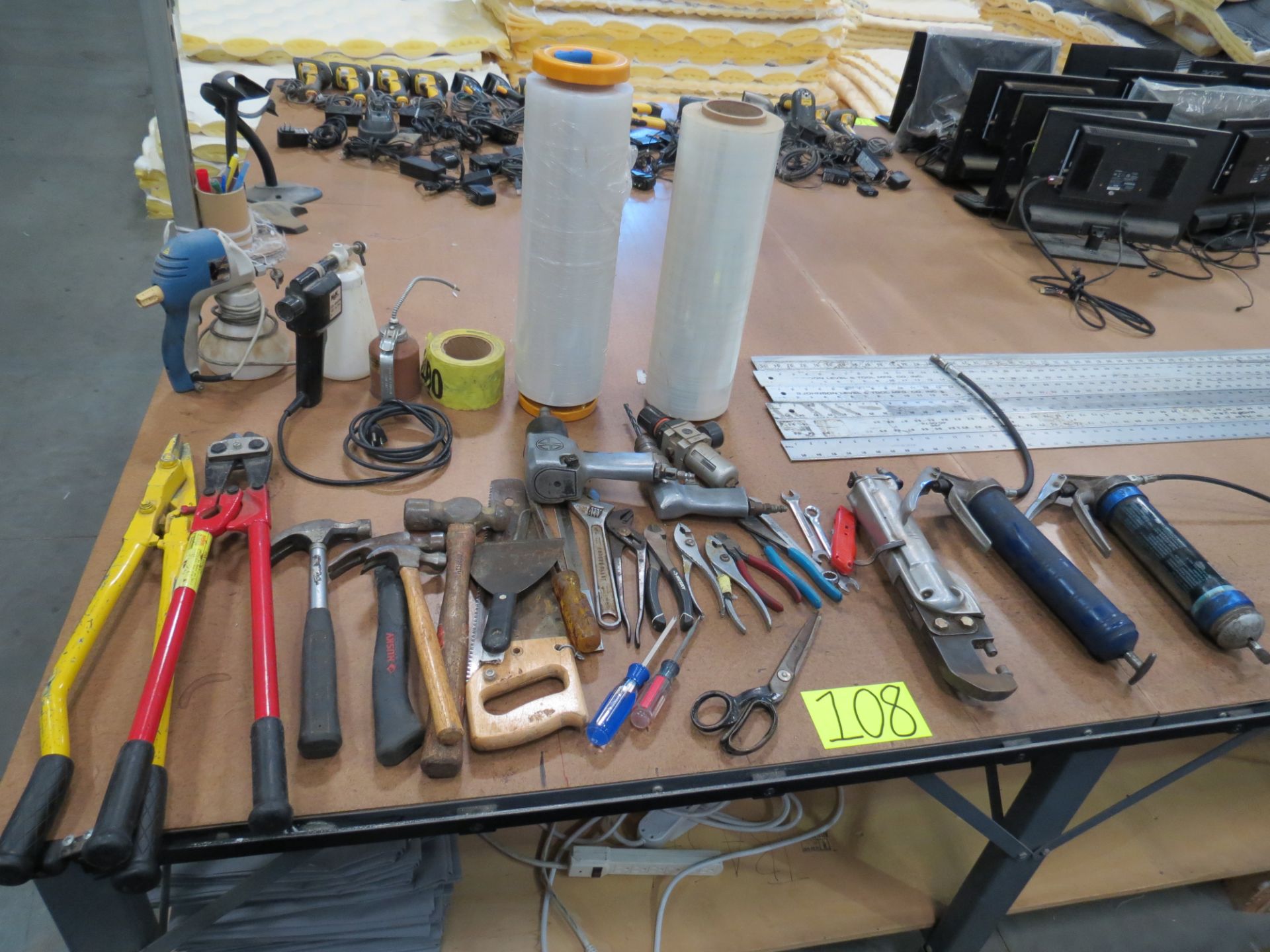 Lot Assorted Tools, Bolt Cutters, Steamers, Grease Guns, Pneumatic Tools, Stretch Wrap