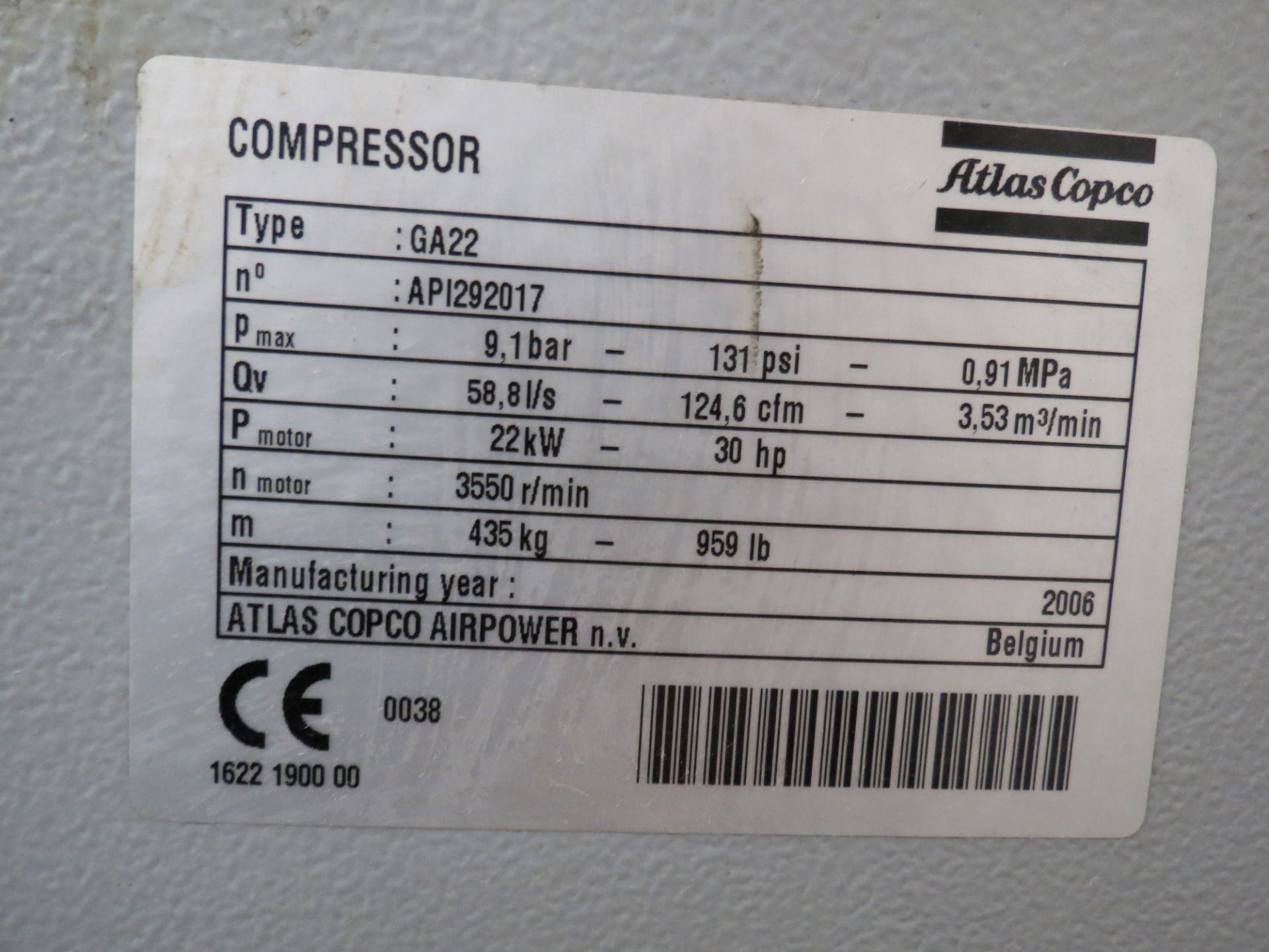 Atlas Copo GA22, 30HP,Main Air Compressor, 480V, SN:API292017 - Image 2 of 2