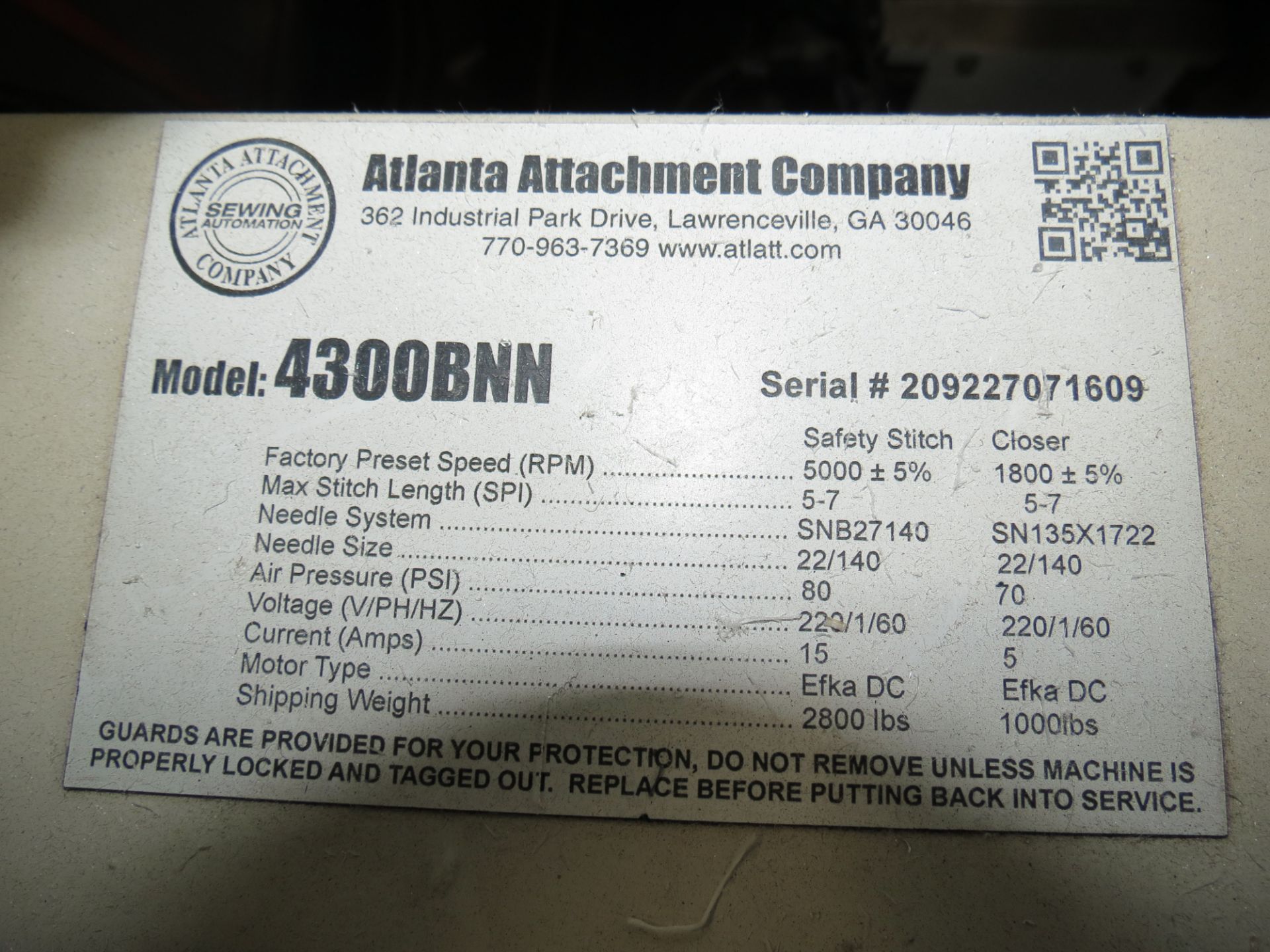 Atlanta Attachment Company, 4300BBorder/Attach Handles Sewing Machine, 220V, SN:209227071609, Juki - Image 11 of 11