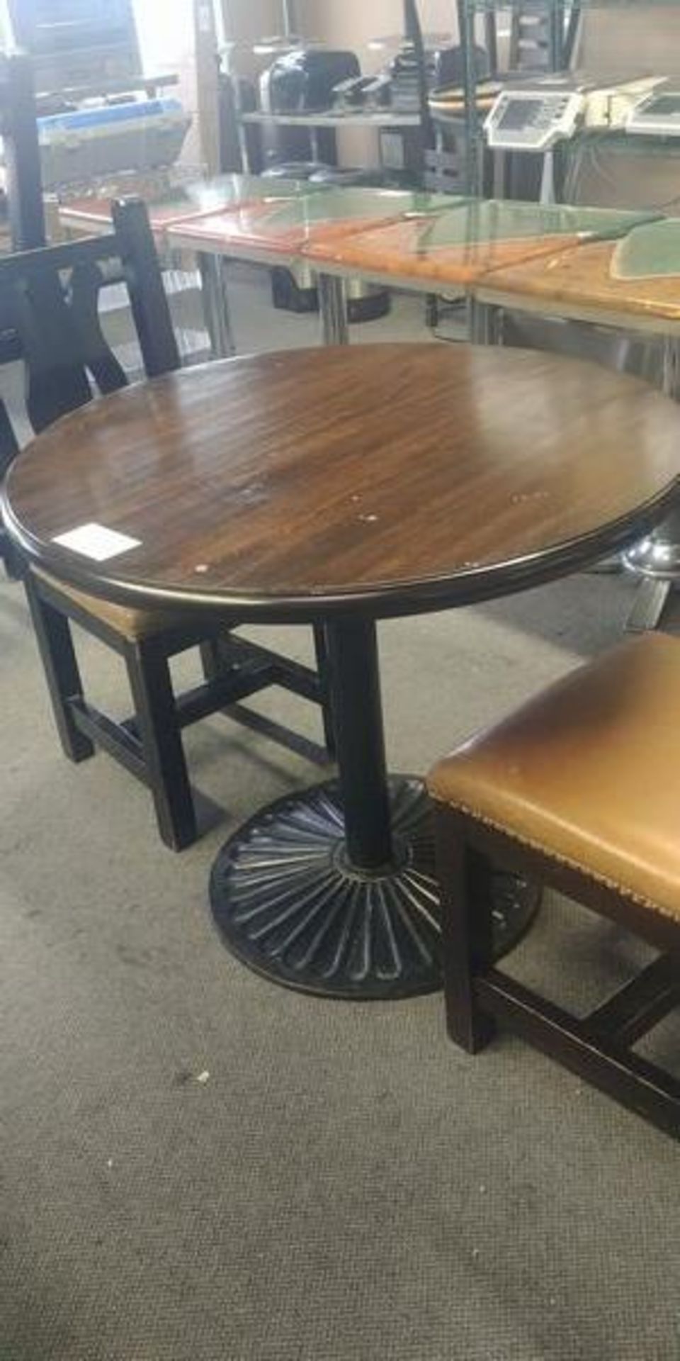 3 - 36" Round Mahogany Top Table with Cast Iron Base - Price Each Times 3