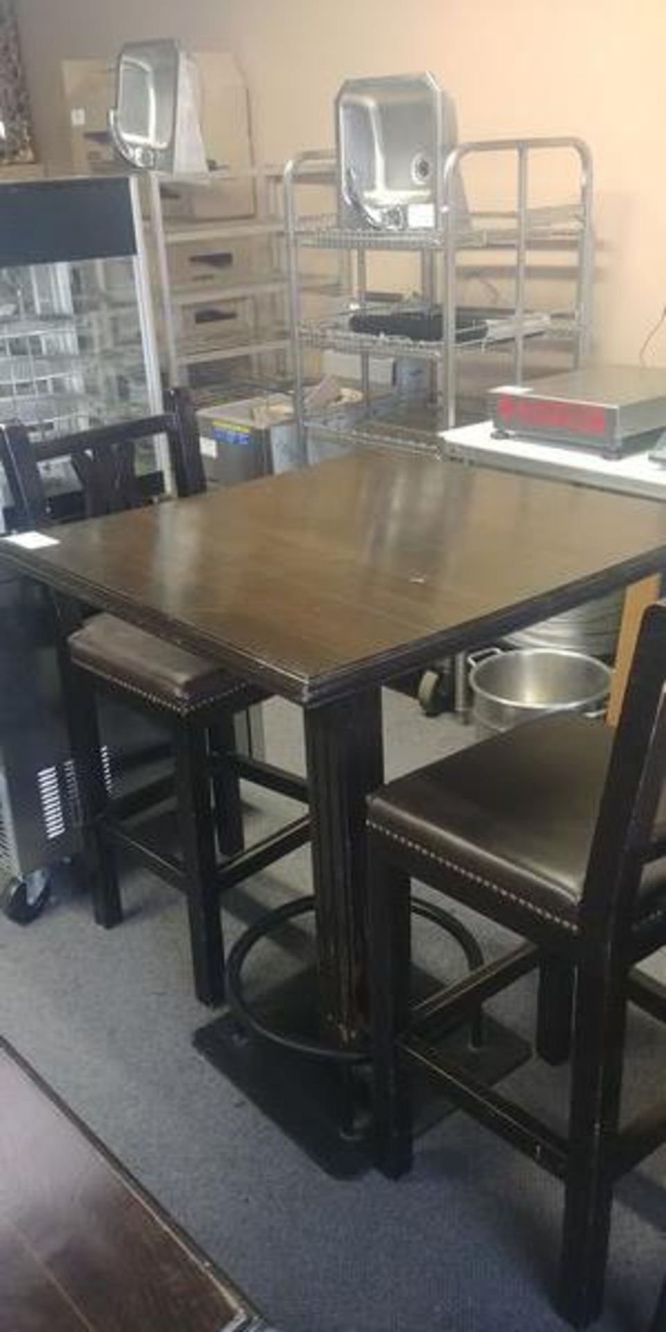 5 - Approx. 36 x 36 Bar Height Mahogany Top Tables with Metal Foot Rest - Price Each Times 5