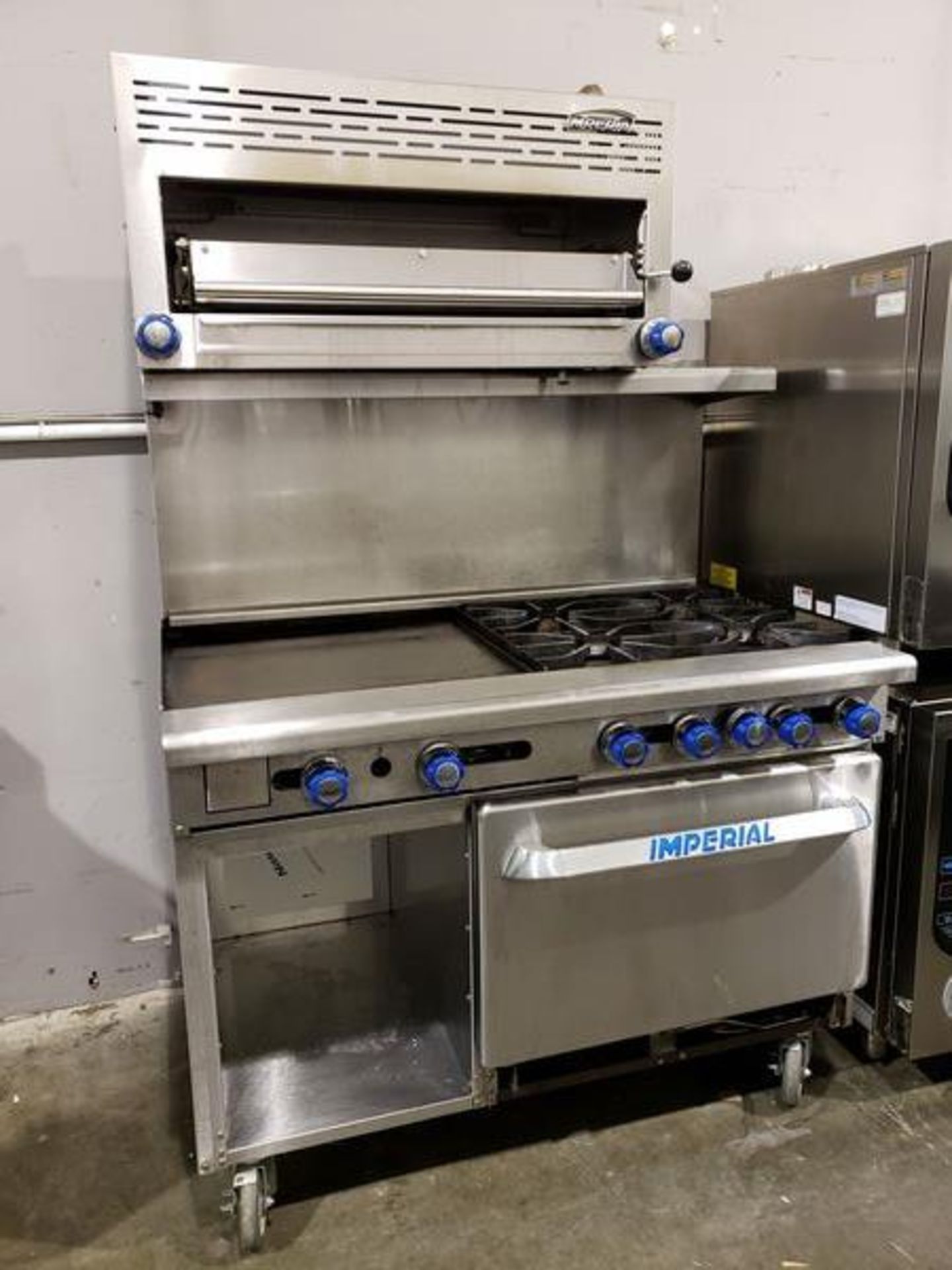 Imperial 48" Range Complete with Oven, 4 Burners, 24 Griddle, Overhead Salamander on Casters -