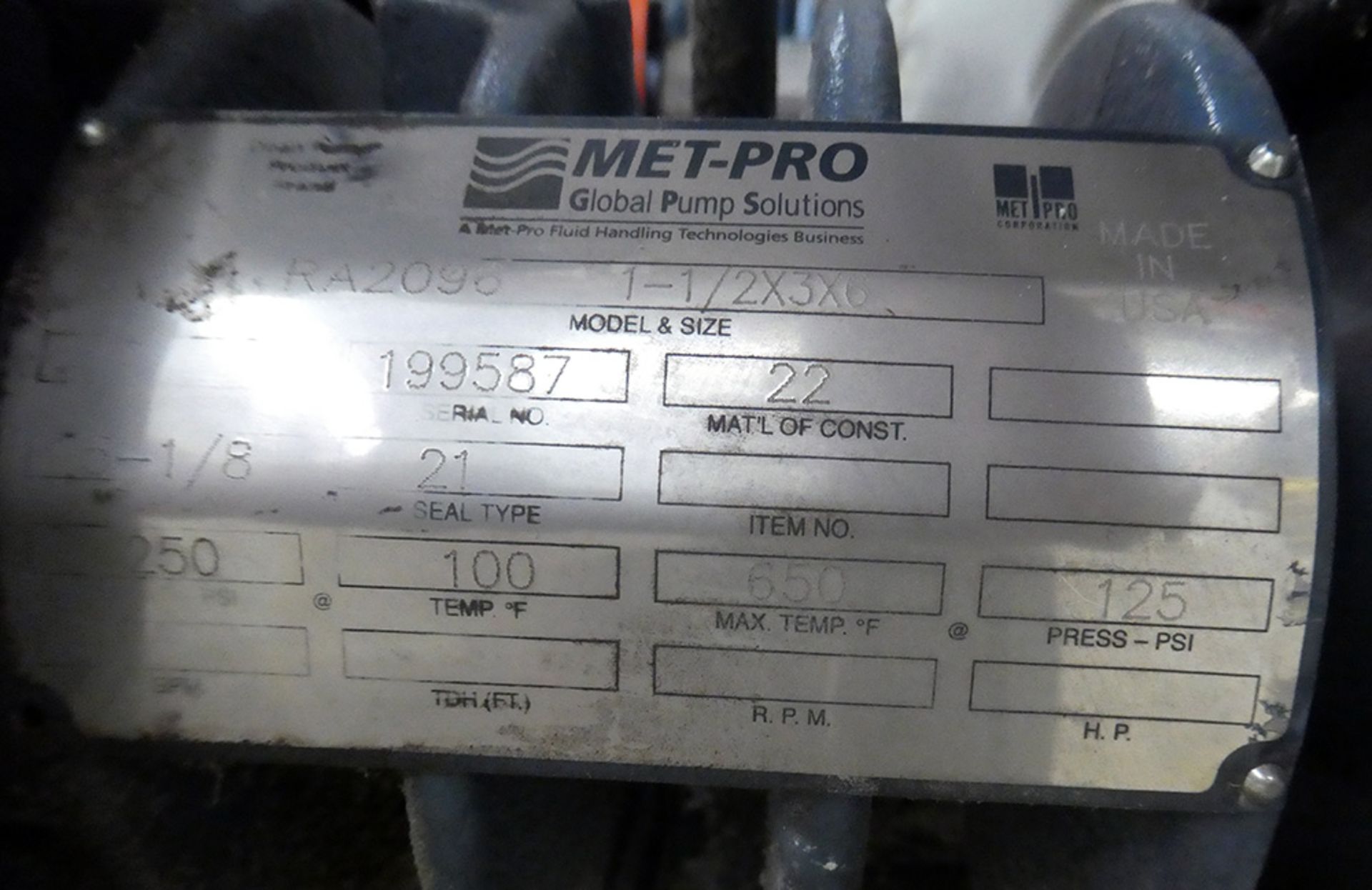 Met-Pro RA-2096 10 HP Centrifugal Hot Oil Pump - Image 2 of 3