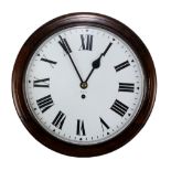 A circa 1900 mahogany circular wall clock with painted dial set with Roman numerals and inscribed