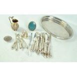 A small group of electroplated items to include an oval galleried tray, a miniature kettle,