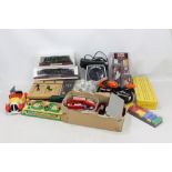 A mixed group of toys and models including Star Wars watch, model locomotives, tinplate toys,