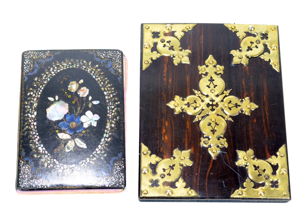 A Victorian coromandel brass detailed hinged blotting pad,