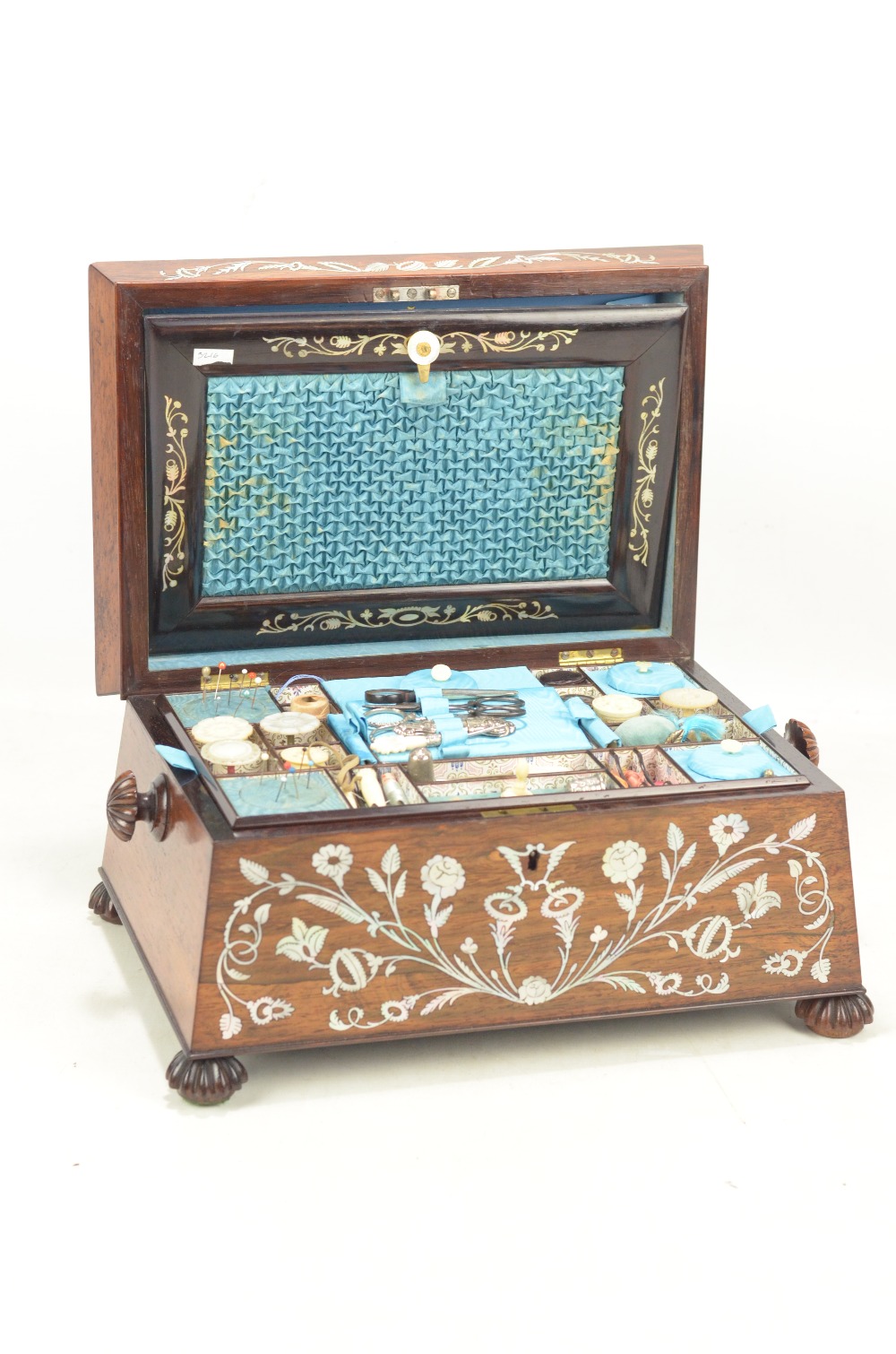 A good early Victorian rosewood and mother of pearl inlaid sewing box of large sarcophagus form, - Image 2 of 4