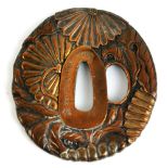A Japanese bronze floral decorated tsuba with coloured detail and six character mark to upper