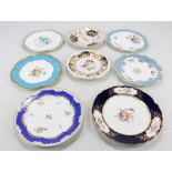 Eight Coalport floral painted cabinet plates with turquoise and blue borders (one is a teapot