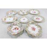 Six Coalport floral painted cabinet plates and dishes, each with grey and gilt heightened border,