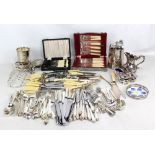 A group of electroplated items including coffee pots, toast rack, flatware, etc.