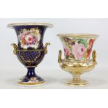 A Coalport blue ground gilt heightened floral painted twin handled urn, height 19.