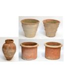 Two pairs of modern decorative terracotta planters and an oil jar (5).