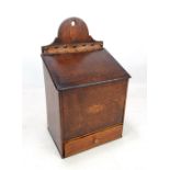 A late George III oak mahogany crossbanded and inlaid candle box,