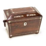 An early Victorian rosewood and mother of pearl inlaid tea caddy of sarcophagus form,