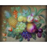 A Coalport fruit painted plaque painted with grapes, pineapple,