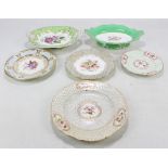 Six Coalport floral painted cabinet plates and dishes, two with green borders,