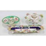 A Coalport floral encrusted and floral painted inkstand with central integral lidded pot and ornate