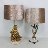 A gilt spelter cherubic figural table lamp base on white onyx plinth,