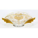 An Art Deco twin handled oval clear glass bowl with gilt rim and floral decoration, width 35.5cm.