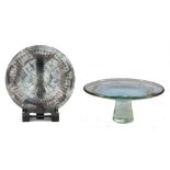 SARA MCDONALD; a laminated glass plate, diameter 29cm, and a clear glass tazza (2).