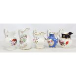 Five Coalport floral painted jugs, two with relief moulded decoration, height of tallest 20cm (5).