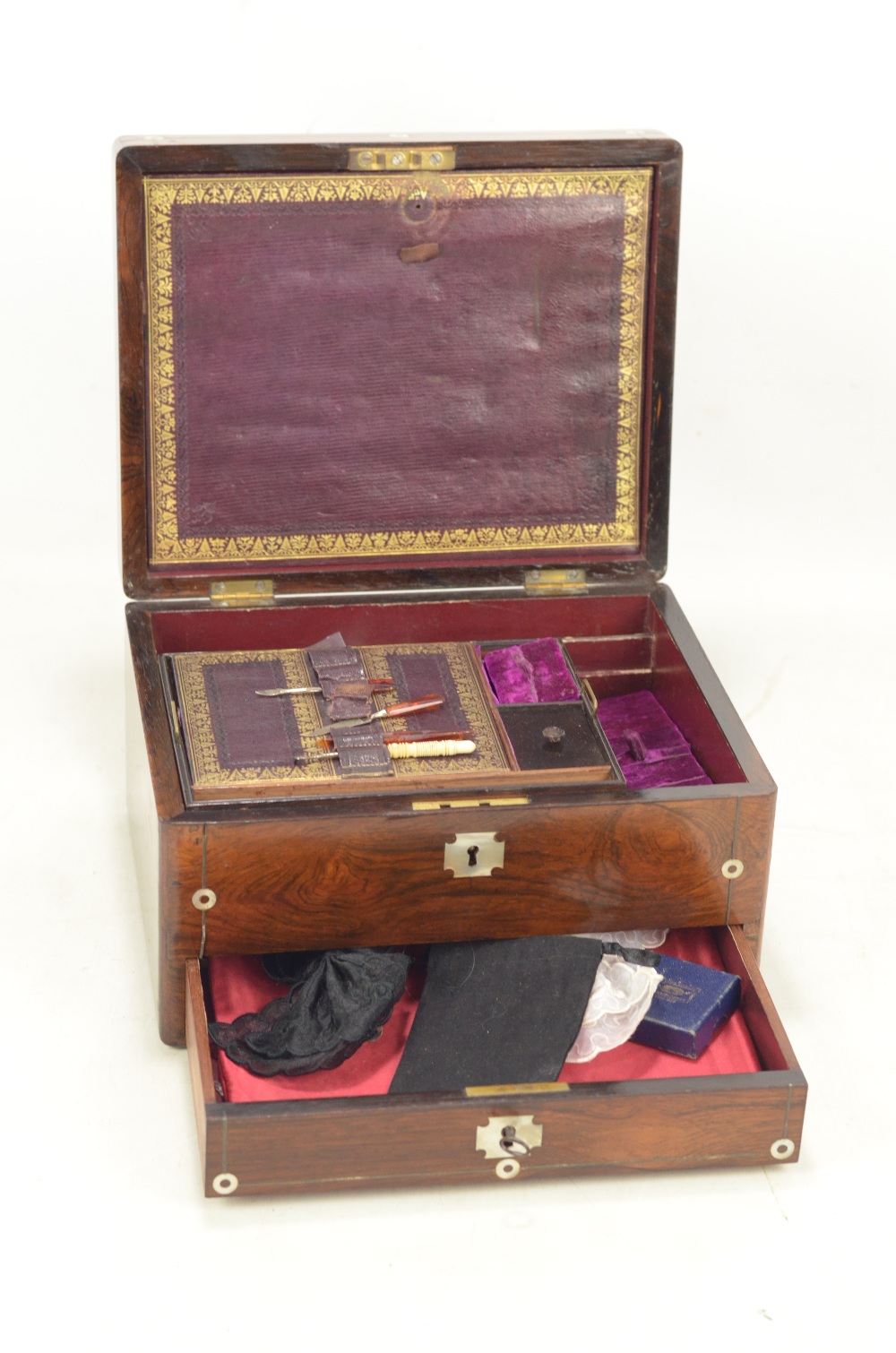 An early Victorian rosewood and mother of pearl inlaid travelling case or vanity box, - Image 2 of 3