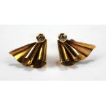 A pair of 9ct yellow gold diamond set quarter fan shaped ear studs, approx 1.3g.