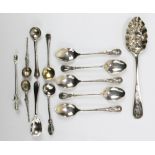 A group of variously hallmarked silver spoons to include a set of five coffee spoons, Frank Wood,