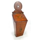 A late George III oak and mahogany crossbanded and inlaid candle box, with shaped back plate,