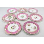 Eight Coalport floral painted cabinet plates with pink ground gilt heightened borders,