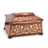 A good early Victorian rosewood and mother of pearl inlaid sewing box of large sarcophagus form,