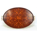 An Edwardian mahogany and satinwood inlaid twin handled oval tray with shaped gallery, length 59cm.