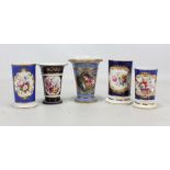 Five Coalport floral painted spill vases, each with blue ground gilt heightened main body,