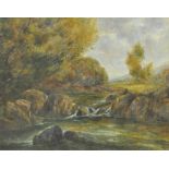 UNATTRIBUTED; large watercolour, river scene with figure fishing, unsigned, 54 x 77cm,