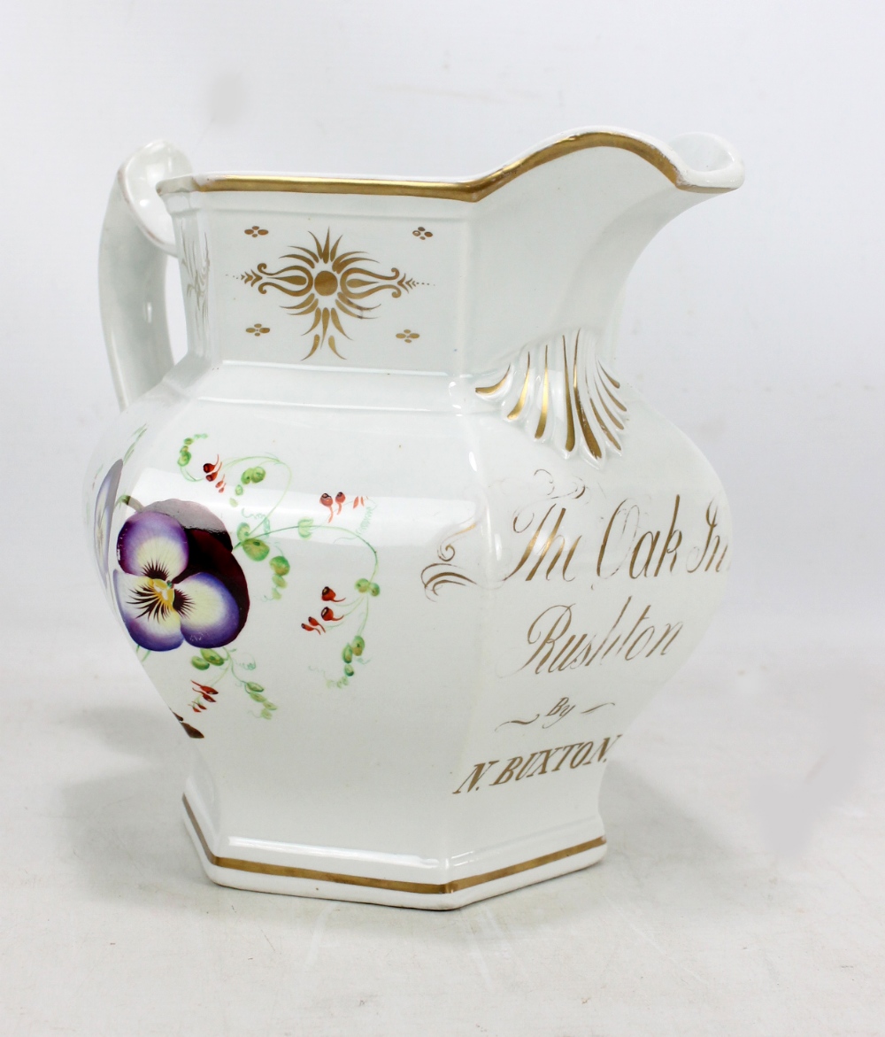 TJ & J MAYER OF LONGPORT; a large hand painted named jug of hexagonal form,