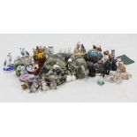 A group of cat related ornaments and trinkets including Spelter examples, pottery examples, glass,