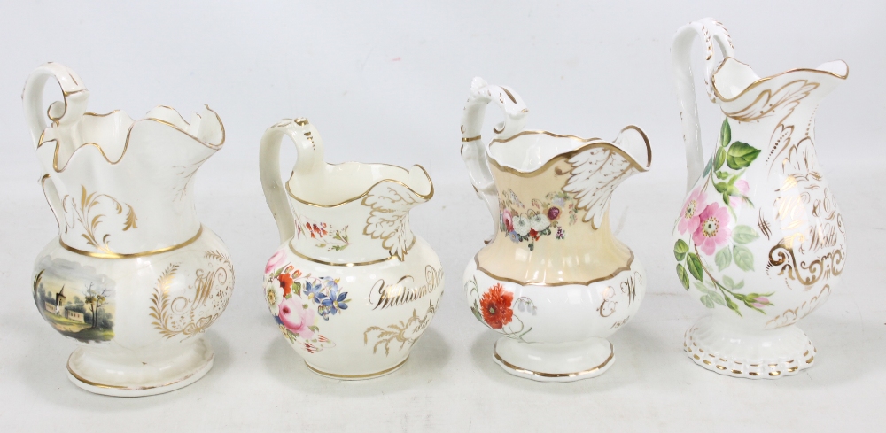 Four Coalport inscribed jugs, the first painted with floral sprays inscribed 'William Plant 1848',