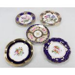 Five Coalport floral painted cabinet plates, each gilt heightened and with blue borders,