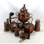 A small group of copper and brassware including tea urn, milk churns,