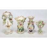 A Coalport floral painted and floral encrusted twin handled vase with pierced neck and rim,