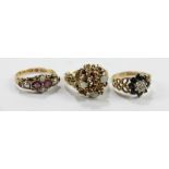Three dress rings comprising a 15ct yellow gold seed pearl and amethyst coloured stones set example,
