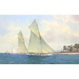 MARTYN R MACKRILL (born 1962); watercolour, 'The 52ft Class Maymon & Britomart Cowes 1905',