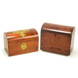 A 19th century plum pudding mahogany and amboyna domed two division tea caddy, height 18cm,